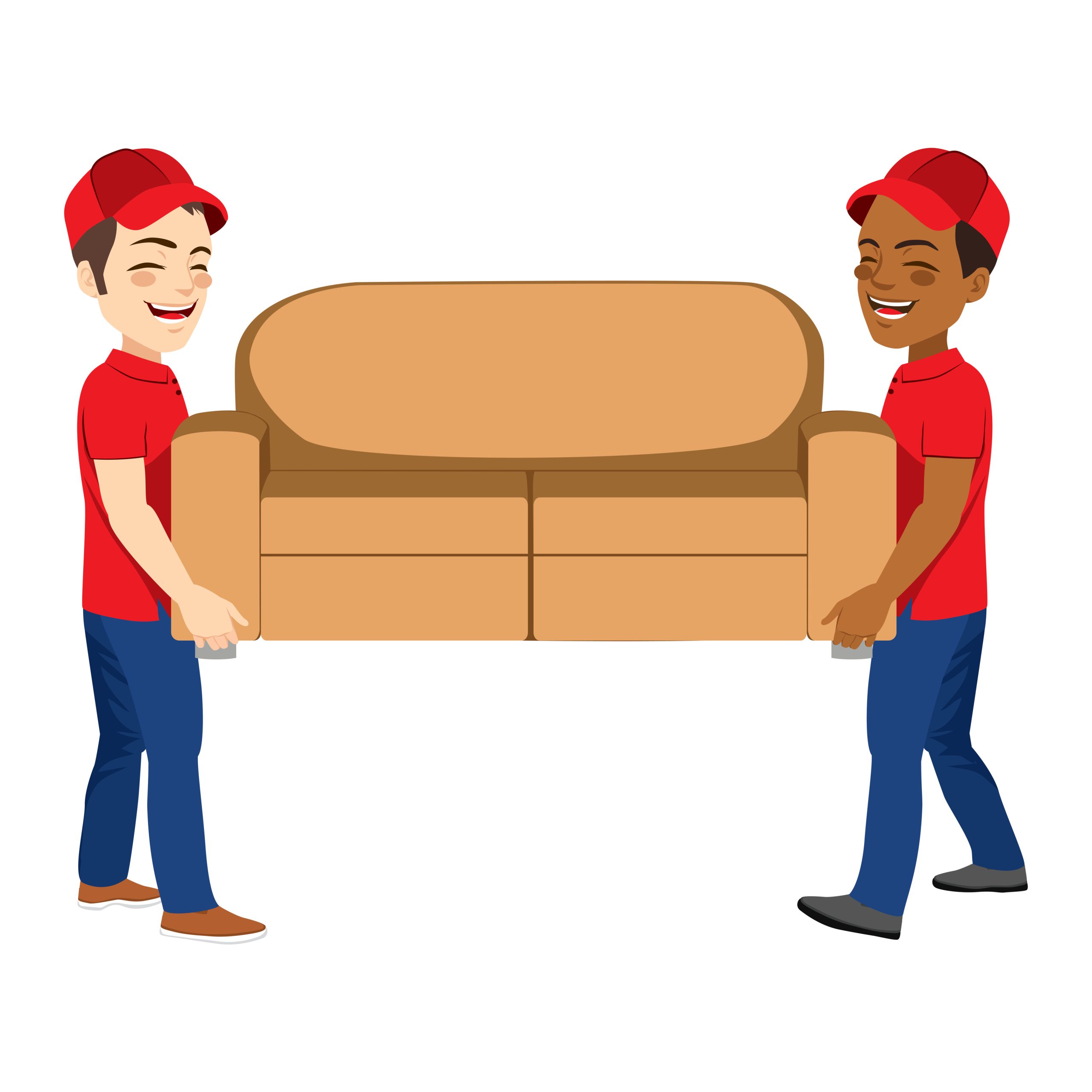 two individuals in professional work attire removing an old couch 