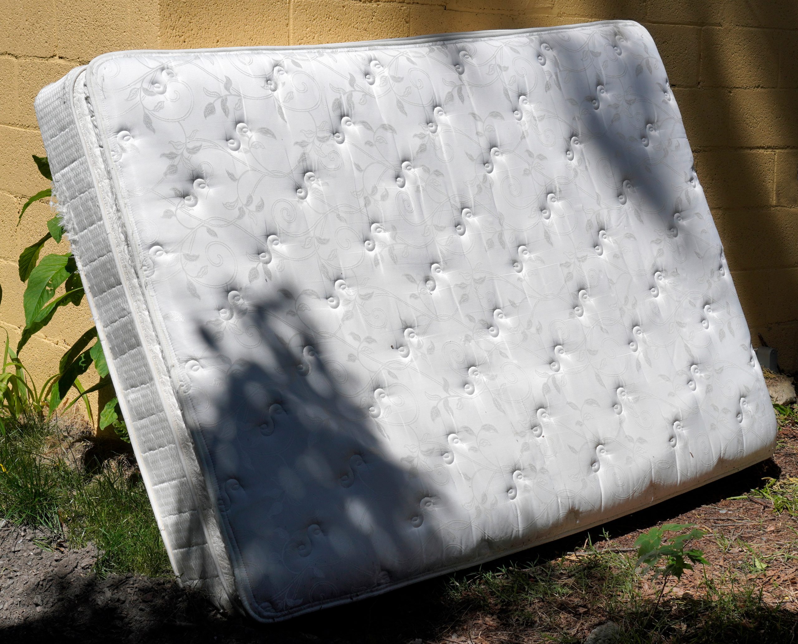 nasty used old mattress leaning against a wall that was improperly disposed of