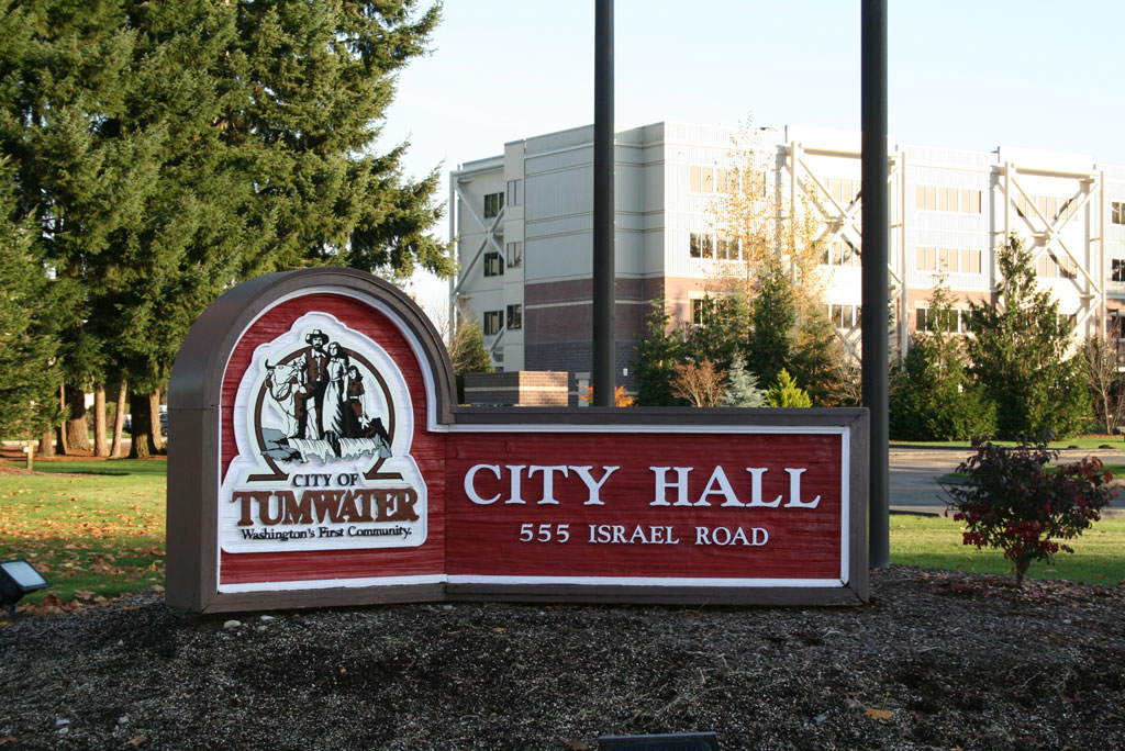 Tumwater city hall and tidy state offices near the Deschutes River, Tumwater WA 