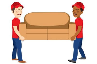 Two people moving a couch with smiles on their faces